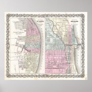 kaart van Chicago en St. Louis (1855) Poster