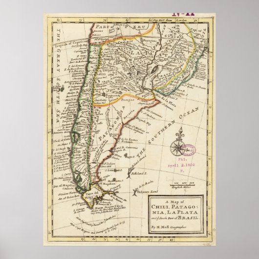  kaart van Chili en Argentinië (1732) Poster (Voorkant)