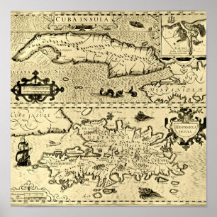 Kaart van Cuba en Hispaniola Poster