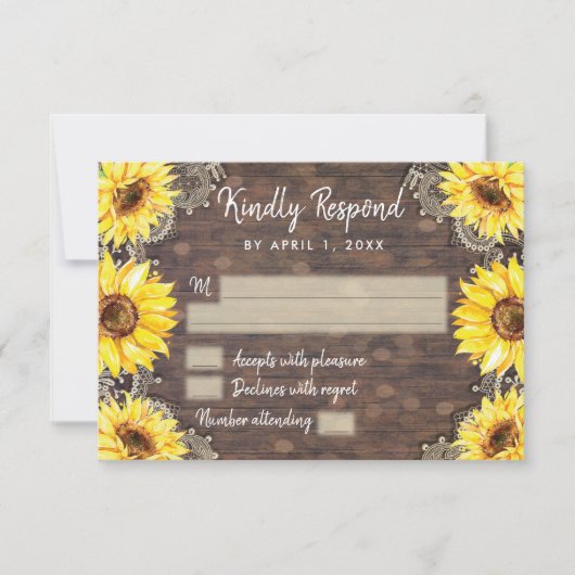 Kaart van de Hout Lace Sunflower Rustic RSVP Respo (Voorkant)