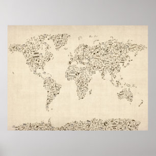 Kaart van de muzieknoten van de wereld poster