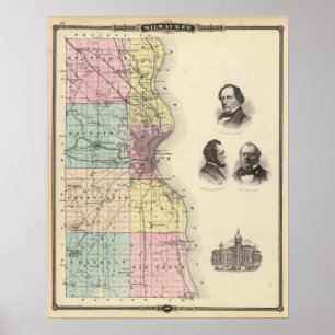 Kaart van de provincie Milwaukee, de staat Wiscons Poster