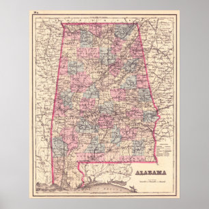 kaart van de provincies Alabama (1876) Poster