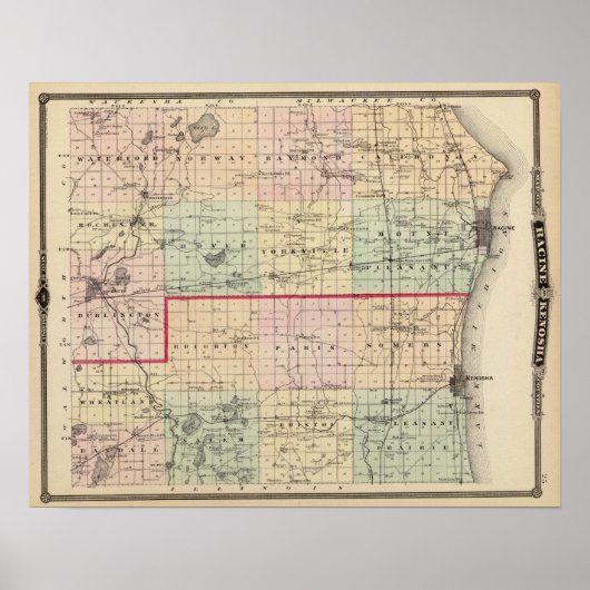 Kaart van de provincies Racine en Kenosha Poster (Voorkant)