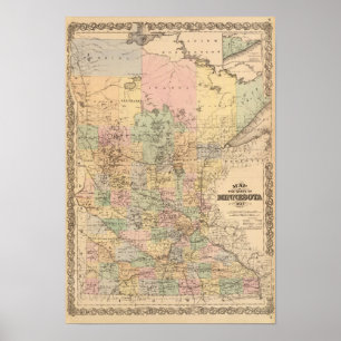 Kaart van de staat Minnesota, 1874 Poster