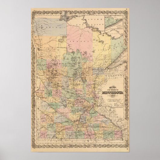 Kaart van de staat Minnesota, 1874 Poster (Voorkant)