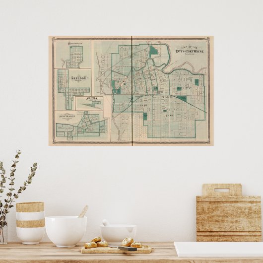 Kaart van de stad Fort Wayne met Cedarville Poster (Keuken)