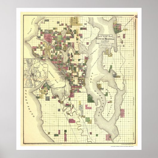 Kaart van de stad Seattle 1890 Poster (Voorkant)