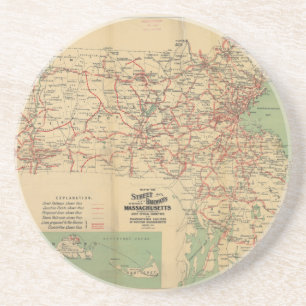 Kaart van de Straatspoorwegen van Massachusetts 19 Zandsteen Onderzetter