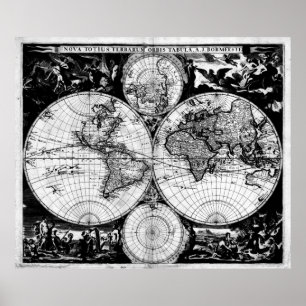 kaart van de wereld (1685) zwart-wit poster