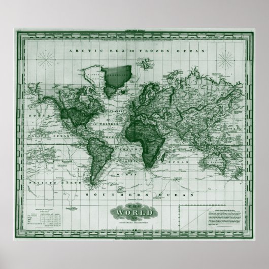  kaart van de wereld (1833): wit en groen poster (Voorkant)