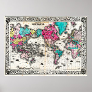  kaart van de wereld (1852) - Stijlvol Poster