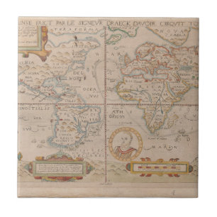 Kaart van Drake's Circumnavigation van het Wereldb Tegeltje
