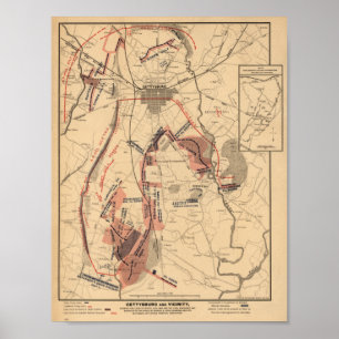  kaart van Gettysburg en Slachtoffers, juli 1863 Poster
