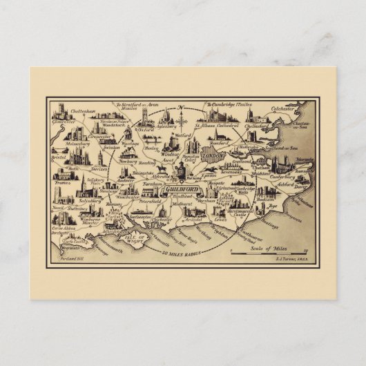 kaart van Guildford, Surrey, Londen, Kent (Voorkant)