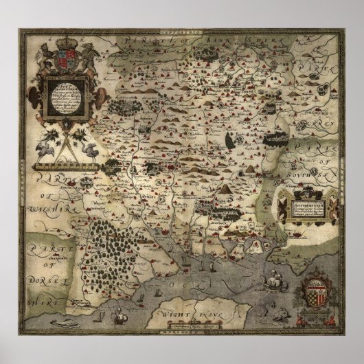 kaart van Hampshire England (1575) Poster (Voorkant)