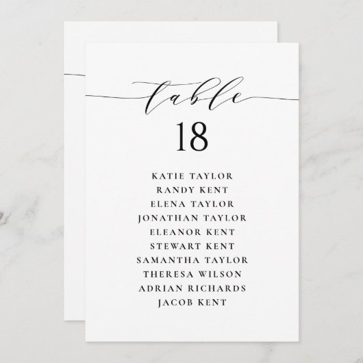 Kaart van het Black Minimalist Script Wedding Seat (Voorkant / Achterkant)