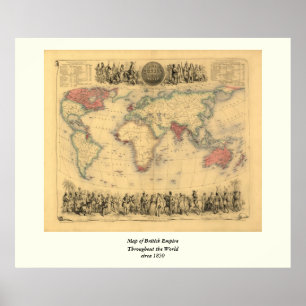 Kaart van het Britse Rijk van 1850 over de hele we Poster