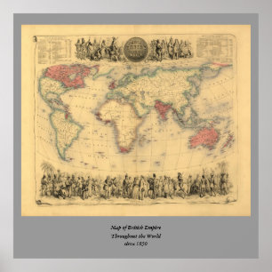 Kaart van het Britse Rijk van 1850 over de hele we Poster