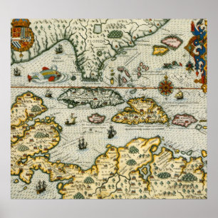 kaart van het Caribisch gebied (1594) Poster