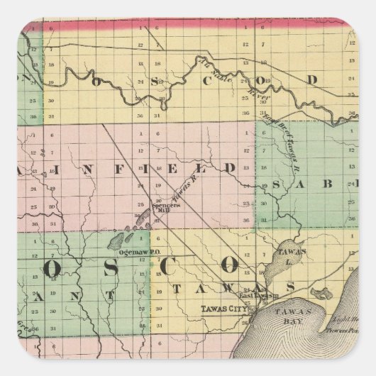 Kaart van het district Iosco, Michigan Vierkante Sticker (Voorkant)