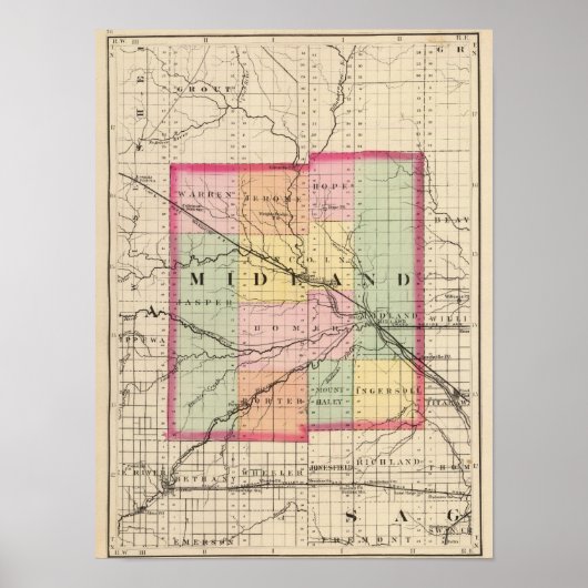 Kaart van het district Midland, Michigan Poster (Voorkant)