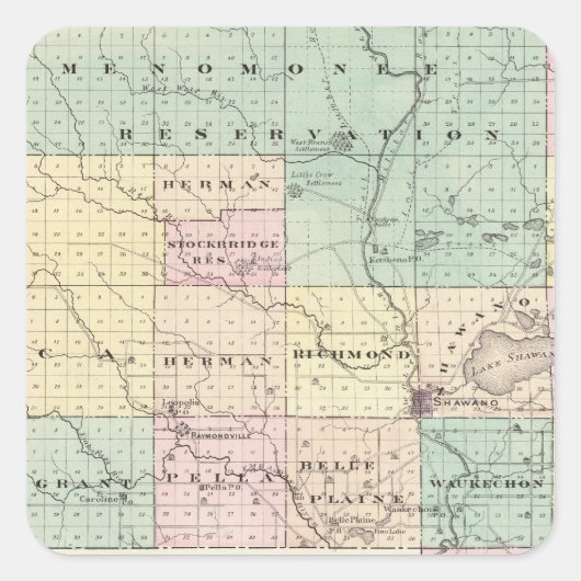Kaart van het district Shawano, staat Wisconsin Vierkante Sticker (Voorkant)