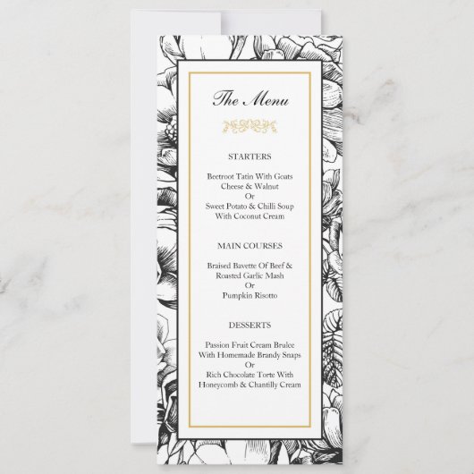 Kaart van het menu 'Zwart-gouden bruidsfeest' (Voorkant)