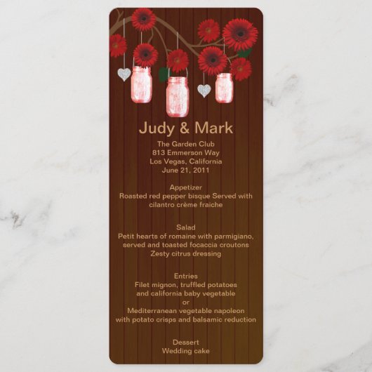 Kaart van het Rustic Red Mason Jars Wedding Menu (Voorkant)