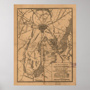 kaart van het slagveld Gettysburg (1863) 4 Poster