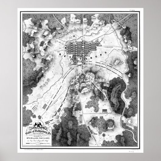 kaart van het slagveld Gettysburg (1863)BW Poster (Voorkant)