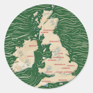 Kaart van het Verenigd Koninkrijk Vintage groene P Ronde Sticker