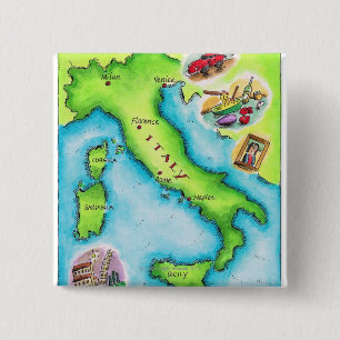 Kaart van Italië 2 Vierkante Button 5,1 Cm