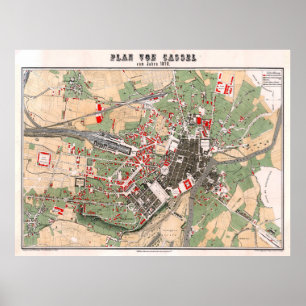  kaart van Kassel Duitsland (1878) Poster