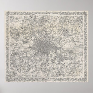  kaart van Londen Engeland (1855) Poster