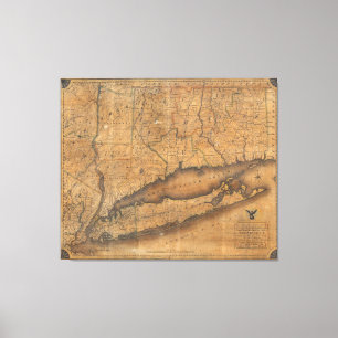  kaart van Long Island en Connecticut (1815) Canvas Afdruk