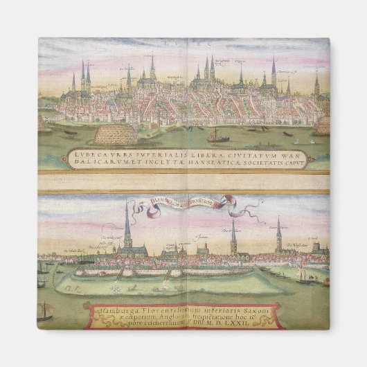 Kaart van Lubeck en Hamburg, uit 'Civitates Orbis  Magneet (Voorkant)