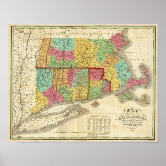 Kaart van Massachusetts Connecticut en Rhode Islan Poster (Voorkant)
