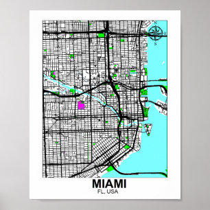 Kaart van Miami City Poster