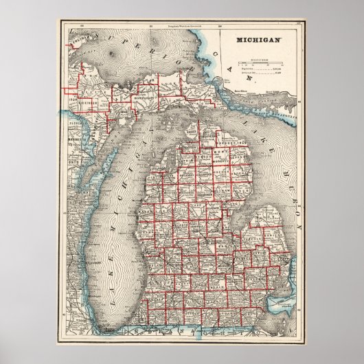  kaart van Michigan (1893) Poster (Voorkant)