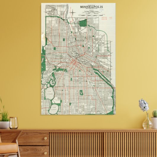 kaart van Minneapolis Minnesota (1921) Canvas Afdruk (Insitu (Woonkamer))