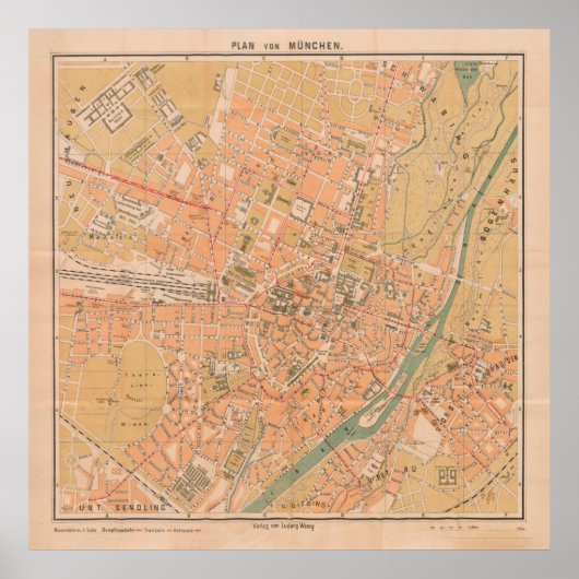  kaart van München Duitsland (1890) Poster (Voorkant)