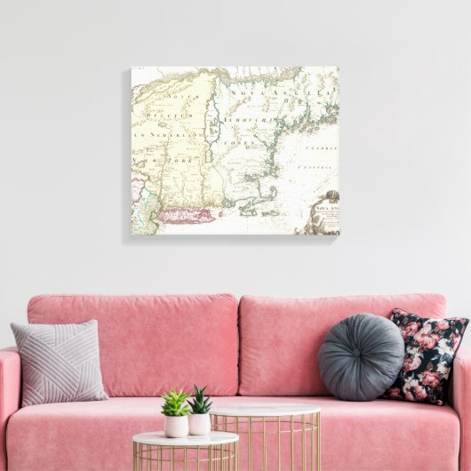 kaart van New England (1716) Canvas Afdruk (Insitu (Woonkamer))
