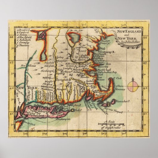 kaart van New England & Long Island (1703) Poster (Voorkant)