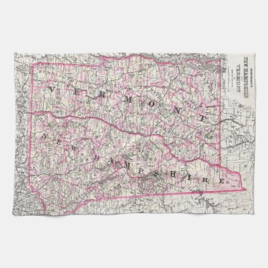  kaart van New Hampshire en Vermont (1861) Theedoek (Horizontaal)