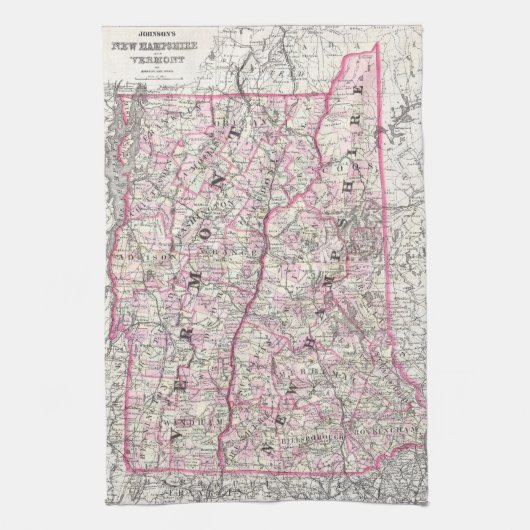 kaart van New Hampshire en Vermont (1861) Theedoek (Verticaal)