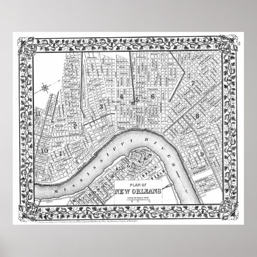  kaart van New Orleans (1880) BW Poster (Voorkant)