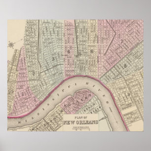 kaart van New Orleans (1880) Poster