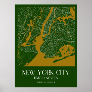  kaart van New York City - Stijlvol groen en goud Poster