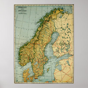  kaart van Noorwegen en Zweden (1921) Poster